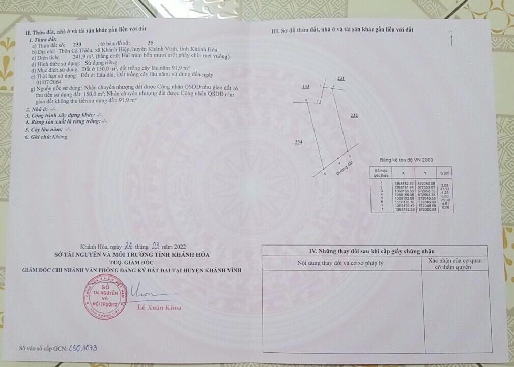 HẠ GIÁ BÁN NHANH LÔ ĐẤT GẦN TRƯỜNG MẦM NON KHÁNH HIỆP KHÁNH VĨNH LH