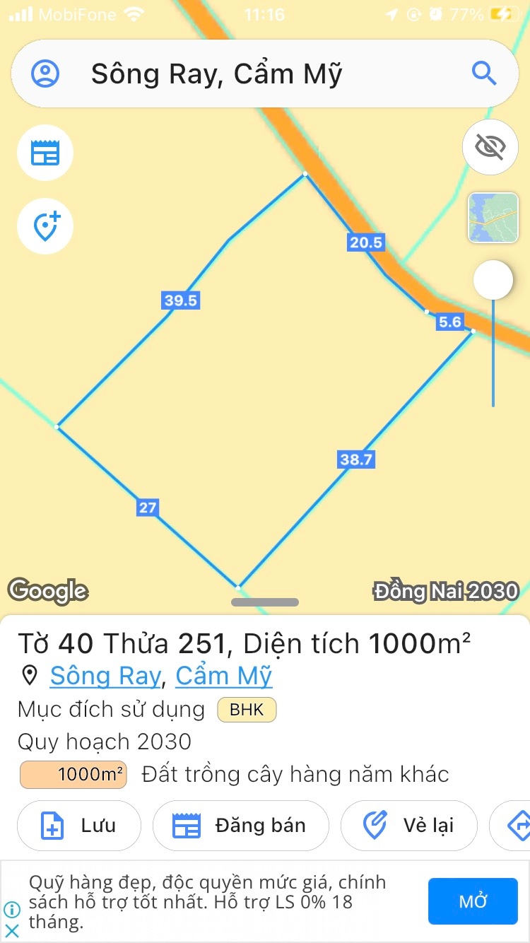 BÁN 1,2 SÀO TẠI SÔNG RAY, CẨM MỸ, ĐỒNG NAI GIÁ 1,1 TỶ